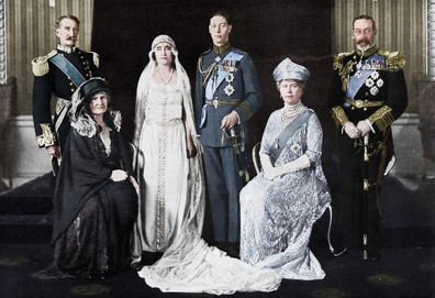 The wedding of the Duke of York and Lady Elizabeth Bowes-Lyon, 1923. The bride and bridegroom and their parents. The Earl and Countess of Strathmore, the Duchess and Duke of York, and King George V and Queen Mary. 