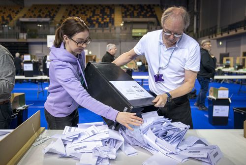 Ballot boxes are opened at the Glasgow City Council election count in Glasgow, Scotland, Friday May 6, 2022. 