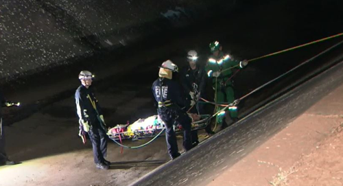 A 52-year-old man had to be rescued from a 5-metre storm water drain that he fell into in the early hours of this morning. Picture: 9NEWS.