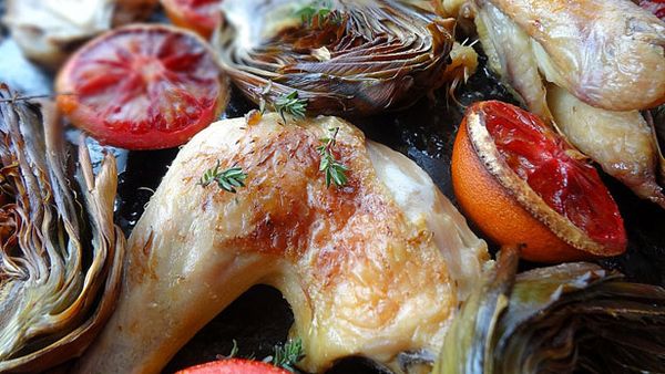 Roasted chicken with blood orange and artichokes
