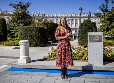 MADRID, SPAIN - APRIL 7: Princess Catharina-Amalia (Princess Amalia) of The Netherlands visits a tulip garden at Plaza de Oriente on April 7, 2025 in Madrid, Spain. Princess Amalia offered the tulip garden as thank you for the people and government of Madrid for staying in the city during safety measures in 2023 and 2024. (Photo by Patrick van Katwijk/Getty Images)