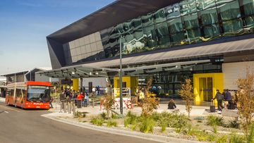 Melbourne, Australia - June 2, 2016: A SkyBus picks up passengers from Melbourne Airport&#x27;s new Terminal 4, which caters for domestic flights.