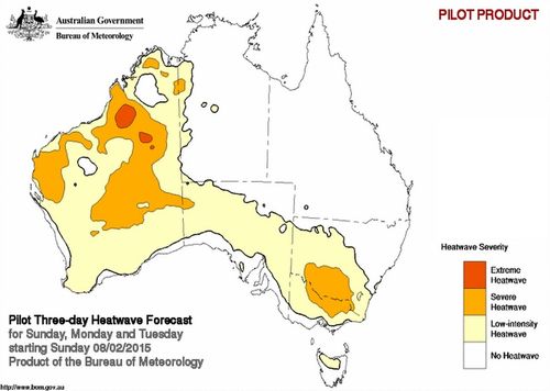 A Bureau of Meteorology heatwave map from 2015, showing parts of the country experiencing extreme heat. (AAP)