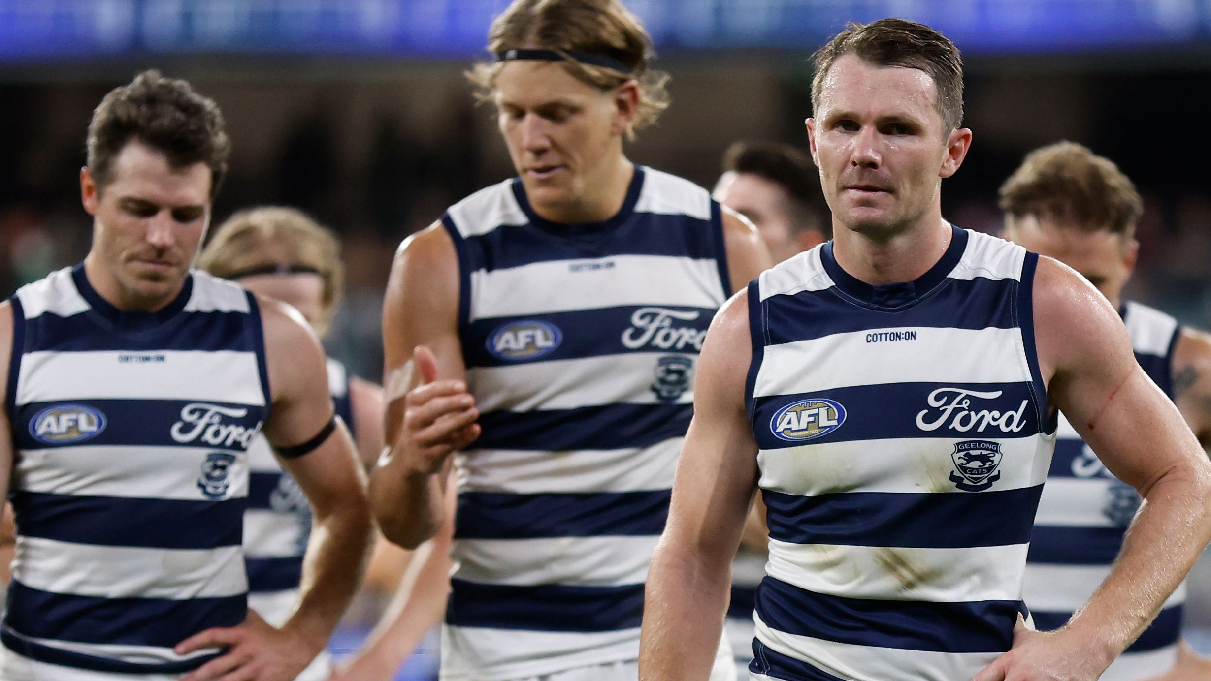 Patrick Dangerfield of the Cats looks dejected after a loss to the Magpies.