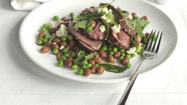 Autumn lamb with mint, feta, peas and borlotti beans