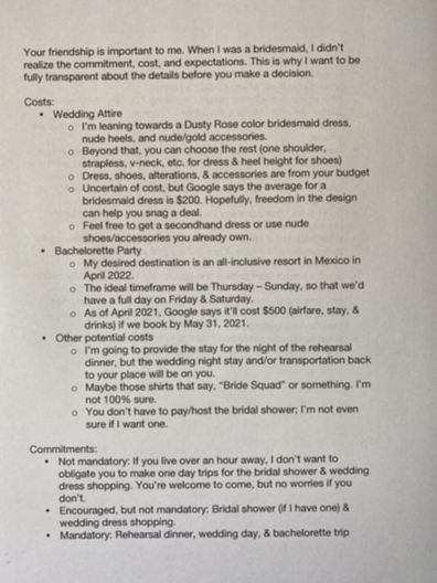 Bride-to-be's two-page list of bridesmaid requirements divides TikTok