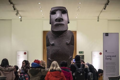 A basalt Easter Island Head figure, known as Hoa Hakananai'a, translated as 'lost or stolen friend' is displayed at the British Museum 