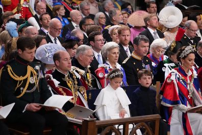 LONDON, ENGLAND - MAY 06: (Front row L-R) Prince William, Prince of Wales, Princess Charlotte, Prince Louis and Catherine, Princess of Wales and Prince Harry, Duke of Sussex during the coronation ceremony of King Charles III and Queen Camilla in Westminster Abbey, on May 6, 2023 in London, England. The Coronation of Charles III and his wife, Camilla, as King and Queen of the United Kingdom of Great Britain and Northern Ireland, and the other Commonwealth realms takes place at Westminster Abbey t