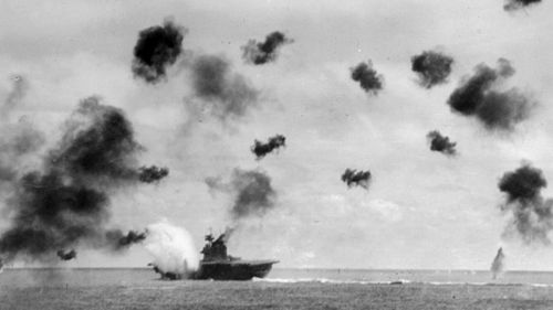 The fierce Battle of Midway in 1942, considered a turning point in the Pacific war.