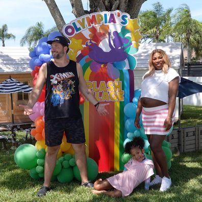 Serena Williams with her husband Alexis Ohanian and their daughter Olympia at their baby shower and gender reveal party.