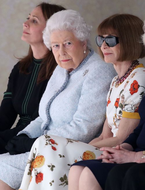 The Queen wore a pale blue wool tweed Angela Kelly suit. (Getty)