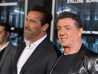 Actor Arnold Schwarzenegger and Sylvester Stallone attends "Escape Plan" New York Premiere