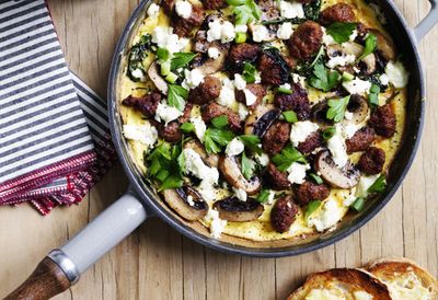 Recipe: <a href="http://kitchen.nine.com.au/2016/05/20/10/08/sausage-kale-mushroom-and-feta-omelette" target="_top">Sausage, kale, mushroom and feta omelette</a>
