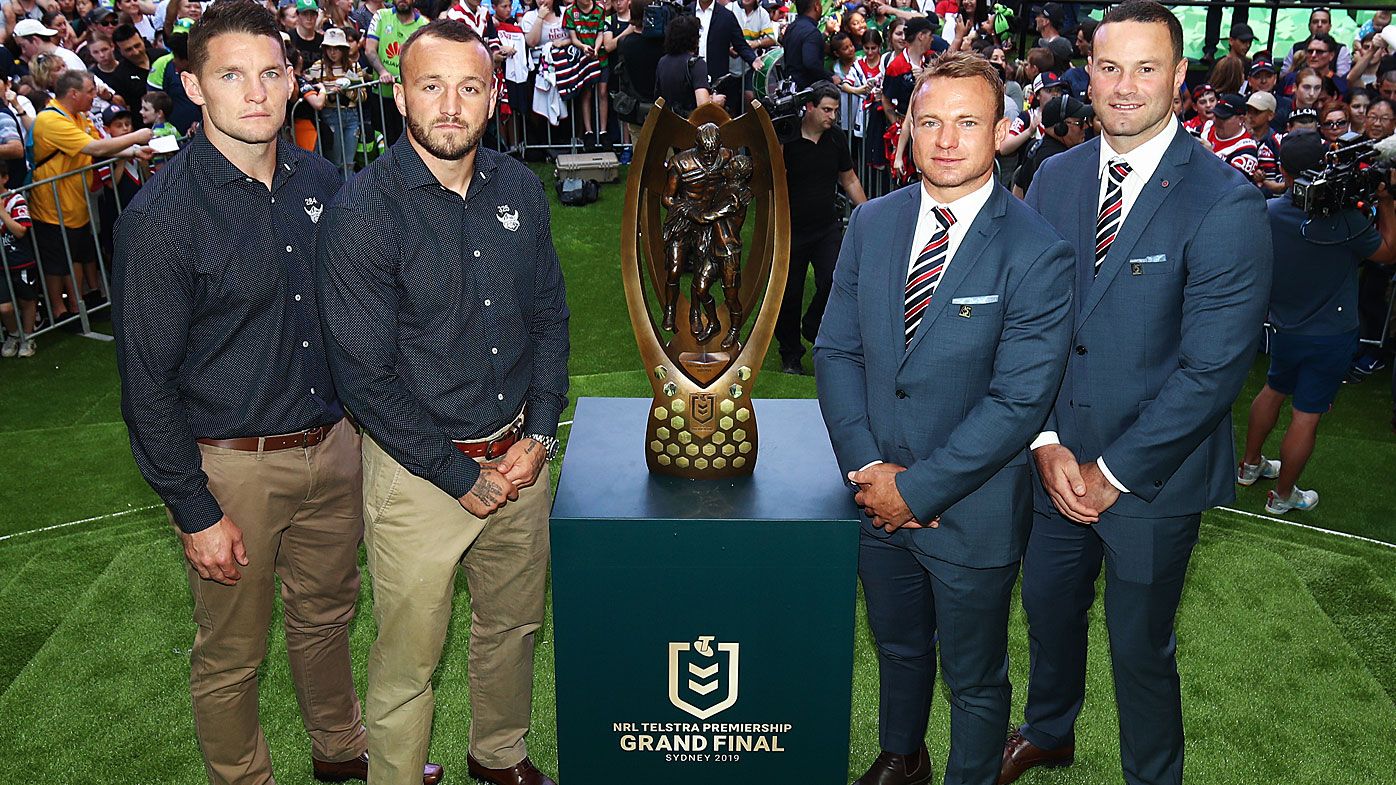 Jarrod Croker and Josh Hodgson of the Raiders &amp; Jake Friend and Boyd Cordner of the Roosters pose with the Provan-Summons Trophy