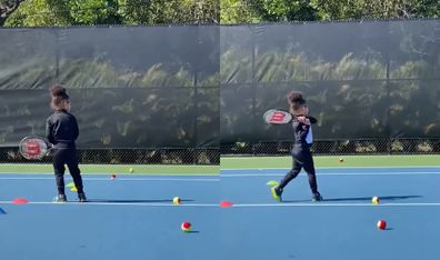 Serena Williams' daughter Olympia practices tennis while her dad