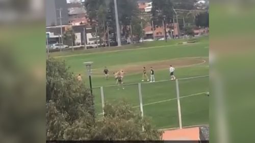 Police were called to Ferris Oval in Charlestown, north of Sydney, after a group of people had gathered with 'makeshift weapons' and became involved in a brawl. Picture: Supplied.