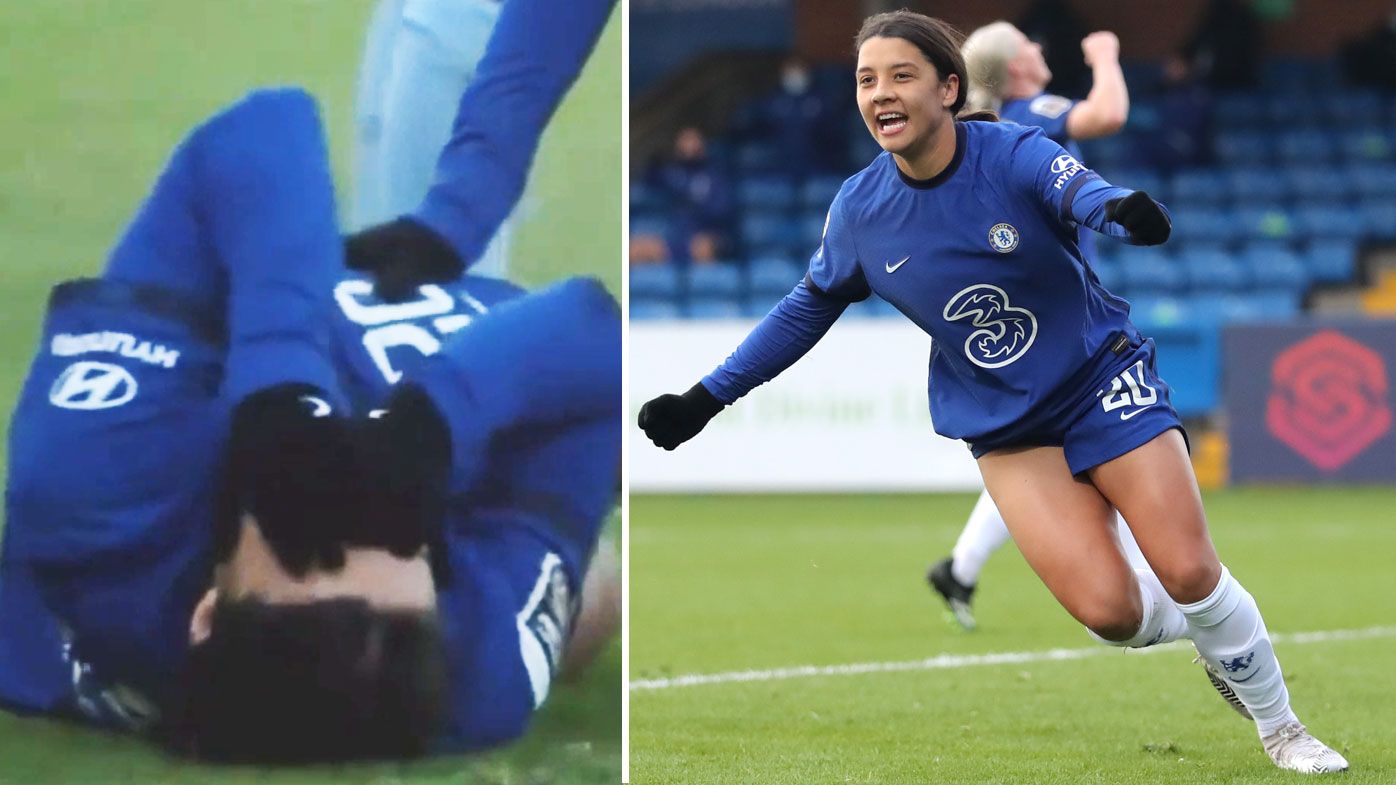 Sam Kerr injures herself after stunning hat-trick. (Twitter/Getty)