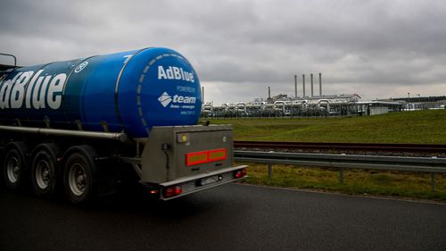 A tanker, operated by AdBlue, passes the Nord Stream 2 gas receiving station in Lubmin, Germany.