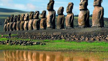Giant volcanic rock statues at the Easter Island.
