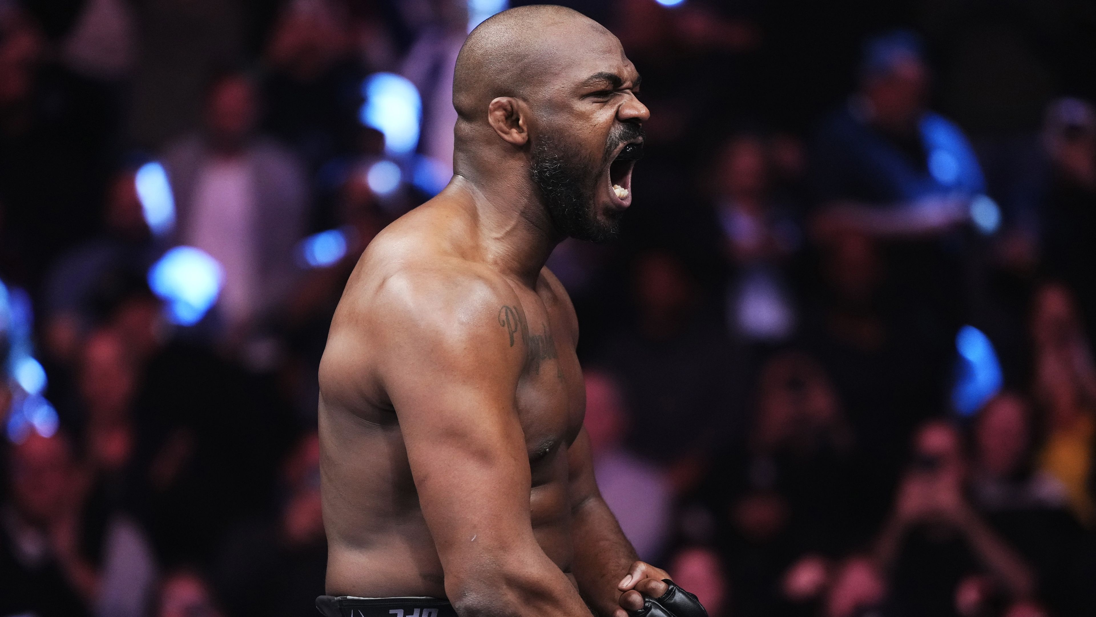 LAS VEGAS, NEVADA - MARCH 04: Jon Jones reacts to his win in the UFC heavyweight championship fight during the UFC 285 event at T-Mobile Arena on March 04, 2023 in Las Vegas, Nevada. (Photo by Jeff Bottari/Zuffa LLC via Getty Images)