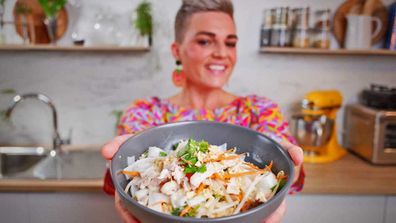 Jane de Graaff cooks coconut poached chicken salad for Quarantine Kitchen