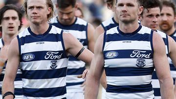 Geelong captain Patrick Dangerfield leads his team off the field in 2023
