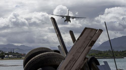 A French military plane arrives at Noumea-Magenta airport, New Caledonia