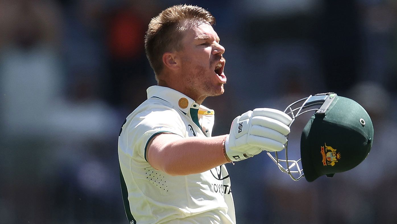 David Warner celebrates his 26th Test century on day one of the first Test against Pakistan