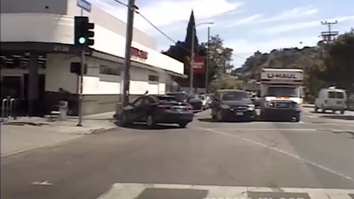 The chase ends when Atkins crashed into a utility pole outside Trader Joe's. Picture: LAPD