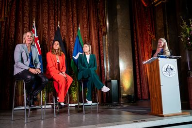 (L-R) Matildas coach Mel Andreatta, Matildas players Lydia Williams and Stephanie Catley, former Matilda Alicia Ferguson