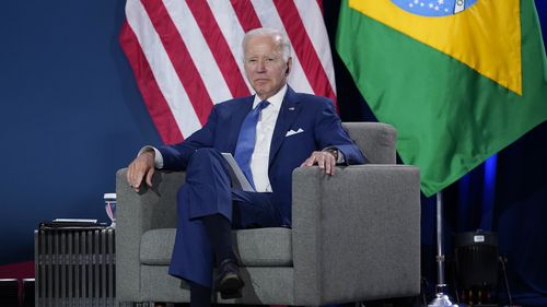 President Joe Biden listens at a meeting with Brazilian President Jair Bolsonaro during the Summit of the Americas, Thursday, June 9, 2022, in Los Angeles. (AP Photo/Evan Vucci)