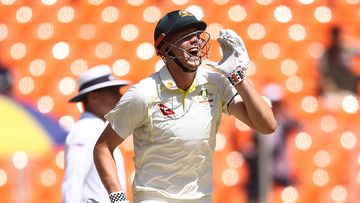 AHMEDABAD, INDIA - MARCH 10: Cameron Green of Australia celebrates after scoring his century during day two of the Fourth Test match in the series between India and Australia at Narendra Modi Stadium on March 10, 2023 in Ahmedabad, India. (Photo by Robert Cianflone/Getty Images)