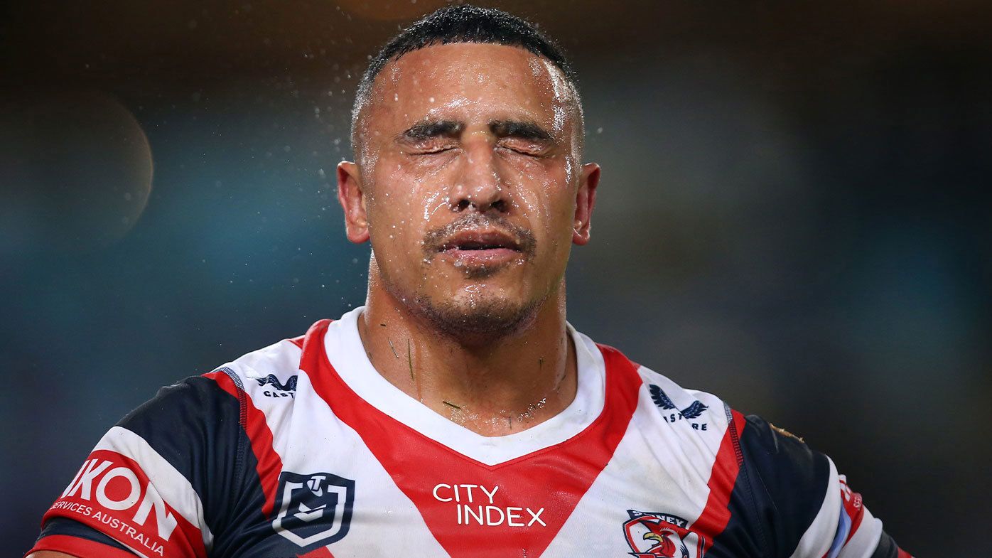 Siosiua Taukeiaho of the Roosters cools down during the round eight NRL match between the Canterbury Bulldogs and the Sydney Roosters at Stadium Australia on April 30, 2022 in Sydney, Australia. 