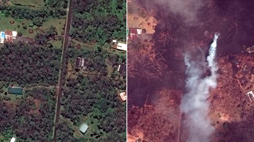 Properties and agricultural land before and after Kilauea began erupting on May 3. (DigitalGlobe)