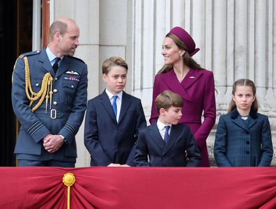 Prince George of Wales, Prince Louis of Wales, Catherine, Princess of Wales and Princess Charlotte of Wales on the balcony of Buckingham Palace during the military procession to mark the 80th anniversary of VE Day on May 05, 2025 in London, England.