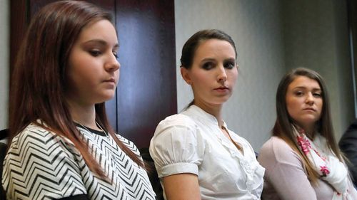 Kaylee Lorincz, Rachael Denhollander and Lindsey Lemke, all victims of Larry Nassar. (AAP)
