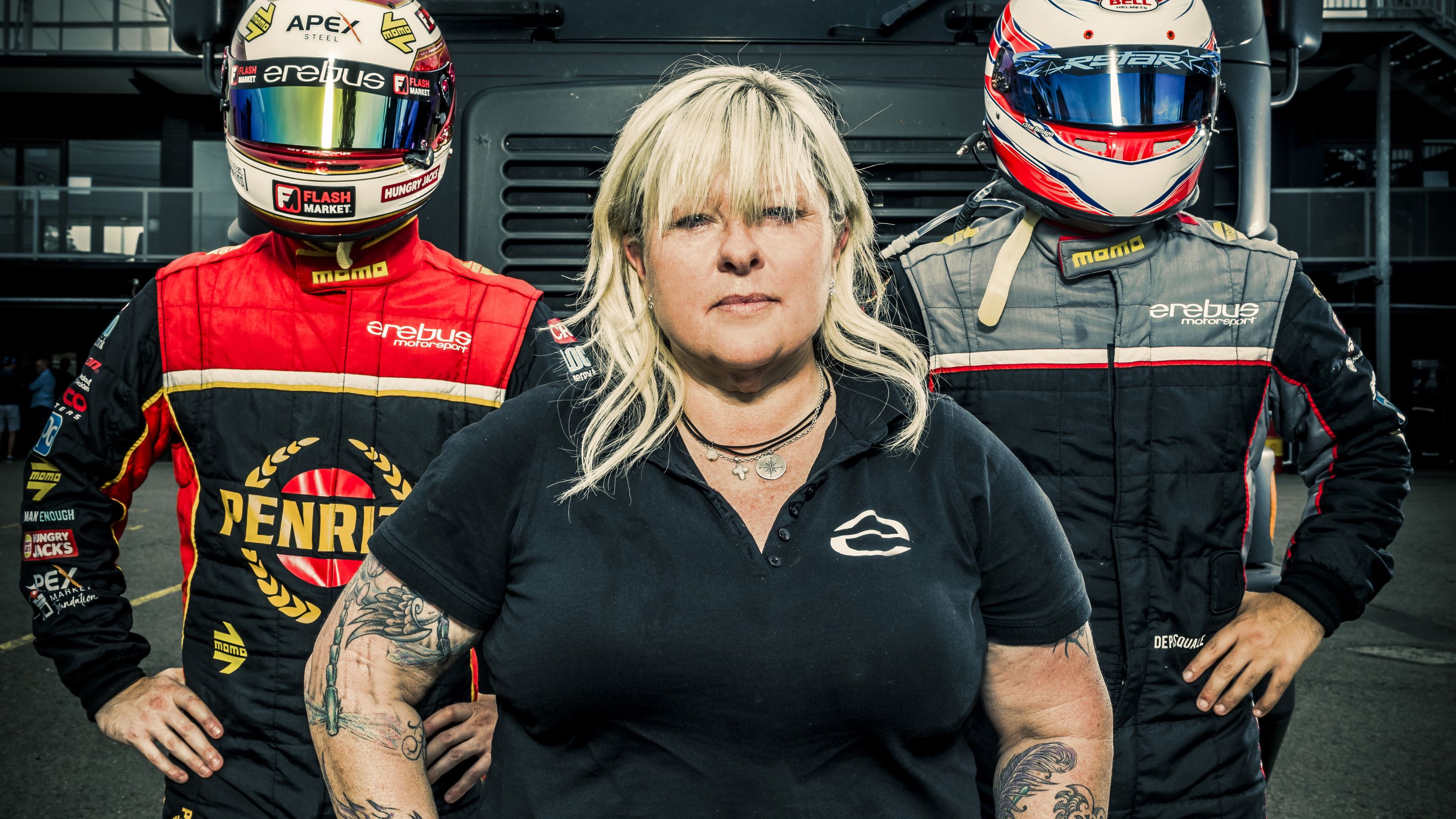 Betty Klimenko, pictured in 2018, with her then-drivers David Reynolds (left) and Anton De Pasquale (right).