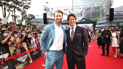 SEOUL, SOUTH KOREA - JUNE 19: Glen Powell and Tom Cruise attend the Korea Red Carpet for "Top Gun: Maverick" at Lotte World on June 19, 2022 in Seoul, South Korea. (Photo by Chung Sung-Jun/Getty Images)