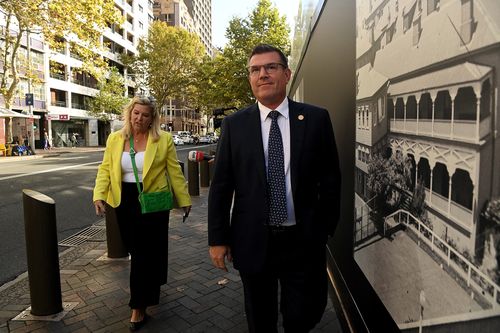 NSW National Party MPs Bronnie Taylor (left) and Dugald Saunders (right) leave Parliament House this morning for coffee before a spill meeting. Sydney, NSW. April 5, 2023. Photo: Kate Geraghty