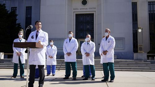 Dr. Sean Conley, physician to President Donald Trump, briefs reporters at Walter Reed National Military Medical Center in Bethesda, Md., Saturday, Oct. 3, 2020