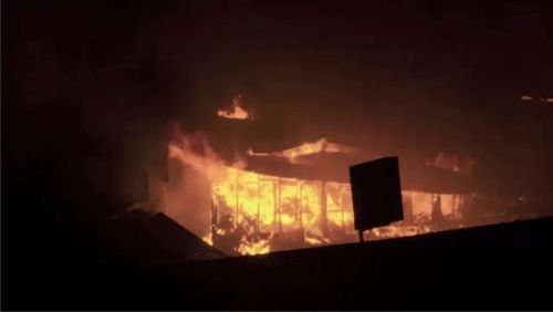 The Edwards Bar in Newcastle, on the NSW mid-north coast, was turned into a glowing ball of flame overnight after a kitchen fire broke out. Picture: 9NEWS.