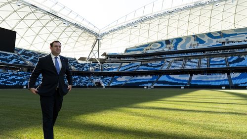 Minister for Enterprise, Investment and Trade, Tourism and Sport and Western Sydney Stuart Ayres announces a major construction milestone at Sydney's new world-class Allianz Stadium. August 2, 2022. Photo: Rhett Wyman/SMH