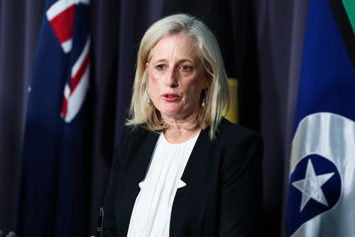 Ministra das Finanças, Ministra da Função Pública, Ministra da Mulher e Ministra dos Serviços Governamentais Katy Gallagher durante uma conferência de imprensa no Parlamento em Canberra na sexta-feira, 8 de maio de 2026. fedpol Foto: Alex Ellinghausen