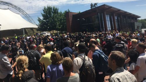 The organiser of the Unite the Right movement attempted to hold a press conference but was thwarted by the crowd. (Lizzie Pearl)