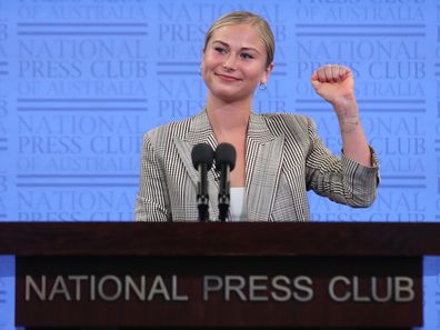 2021 Australian of the Year Grace Tame during her address to the National Press Club of Australia in Canberra on Wednesday 3 March 2021. fedpol Photo: Alex Ellinghausen