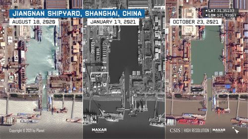 Varying numbers of People's Liberation Army Navy surface combatants are visible over time in the floodable basin at Jiangnan shipyard in Shanghai.
