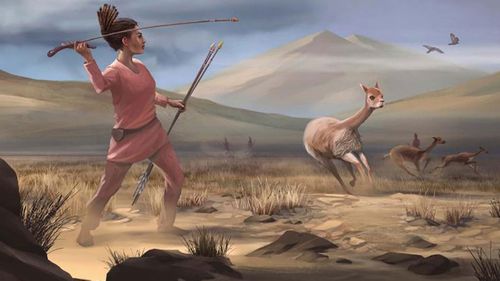 An illustration of a female hunter who may have killed big-game animals in the Andes 9000 years ago.
