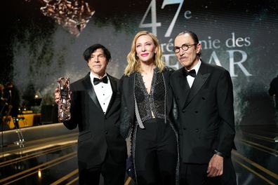 PARIS, FRANCE - FEBRUARY 25: Ron Mael, Cate Blanchett and Russell Mael pose during the 47th Cesar Film Awards Ceremony At L'Olympia on February 25, 2022 in Paris, France. (Photo by Francois Durand/Getty Images)