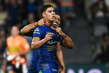 Blaize Talagi celebrating his try for Parramatta against the Broncos in Round 10.