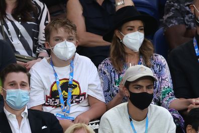 Dannii Minogue and son Ethan watches the Australian Open women's singles final between Ash Barty of Australia and Danielle Collins of the US 